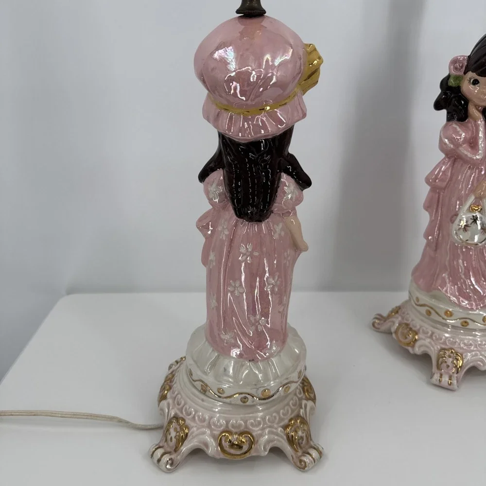 Vintage Pair Of Ceramic Handmade Holly Hobby Style Lamps 1974 Pink Prairie‎